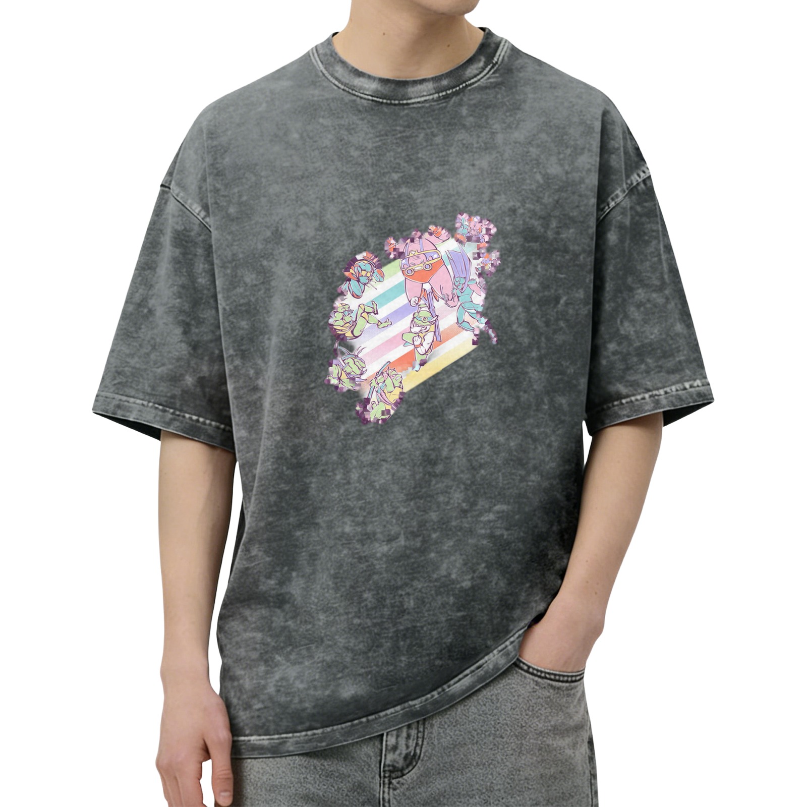 Oversized Acid Wash Graphic T-Shirt with Pastel Anime Characters