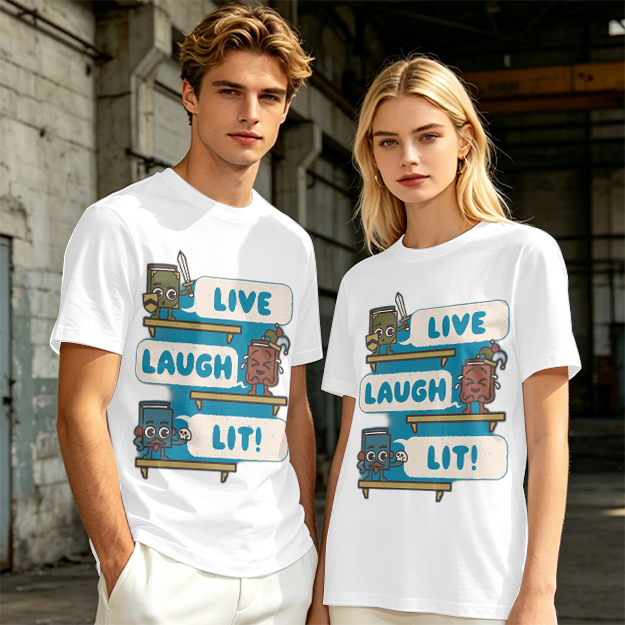 Olive T-Shirt With Cartoon Books 'Live Laugh Lit' Graphic