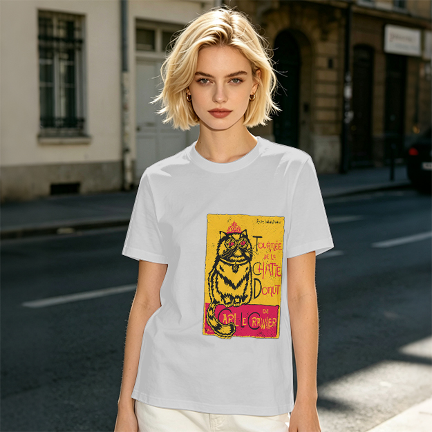 Olive T-shirt with a whimsical cat graphic print