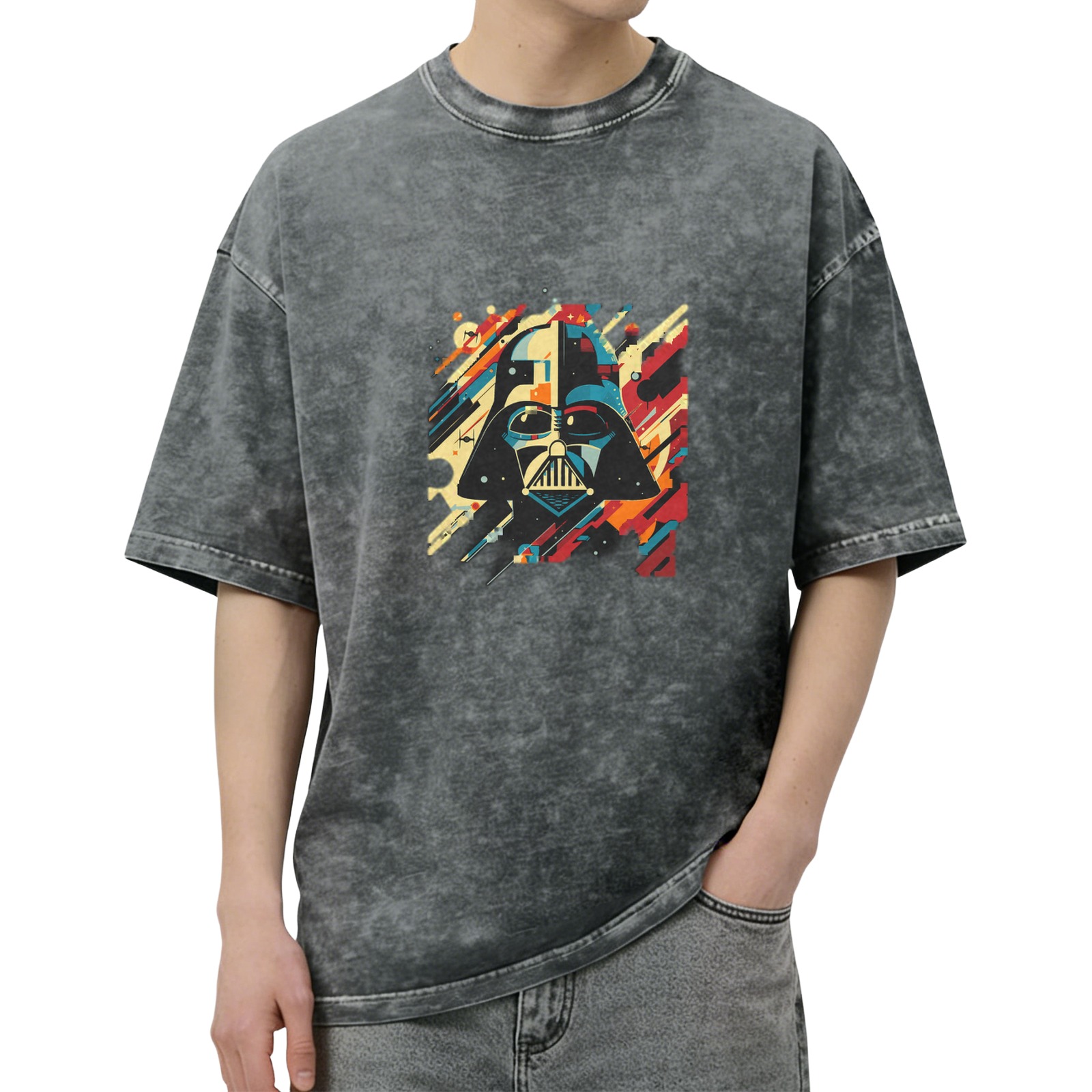 Washed Black T-Shirt with Retro Darth Vader Graphic Print