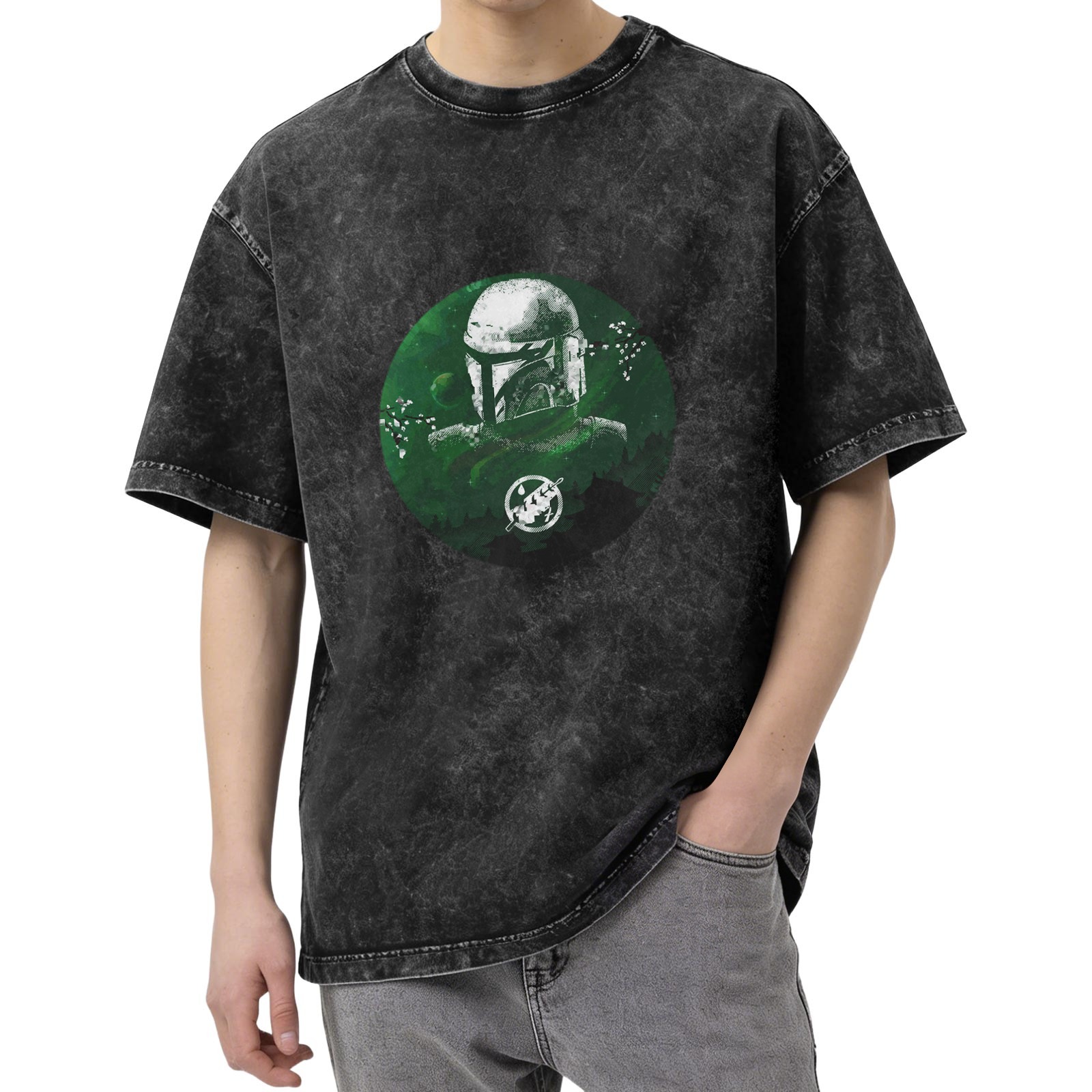 Distressed black short-sleeved T-shirt with Mandalorian theme print, loose style