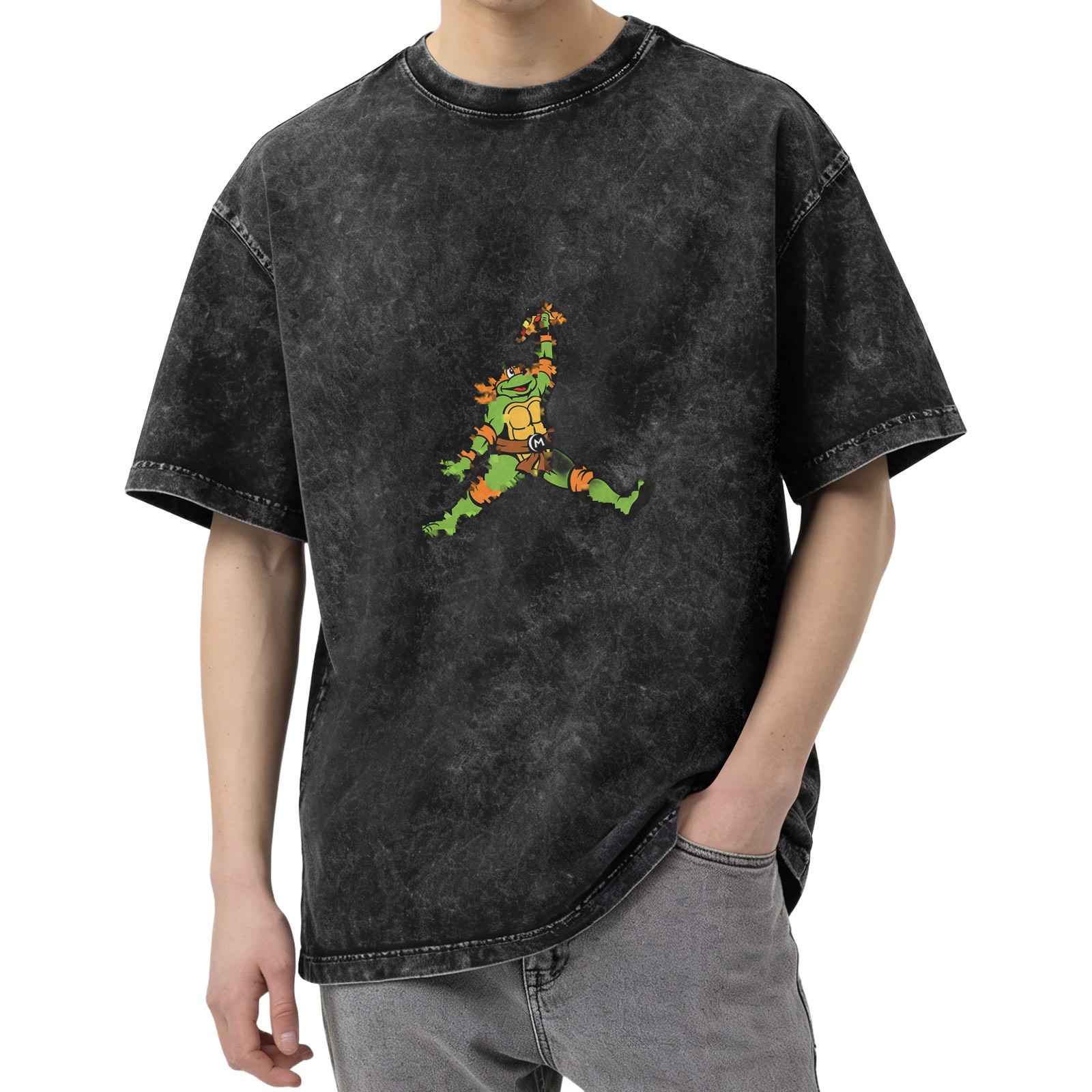 Washed Black Oversized T-Shirt with Ninja Turtle Jump Graphic