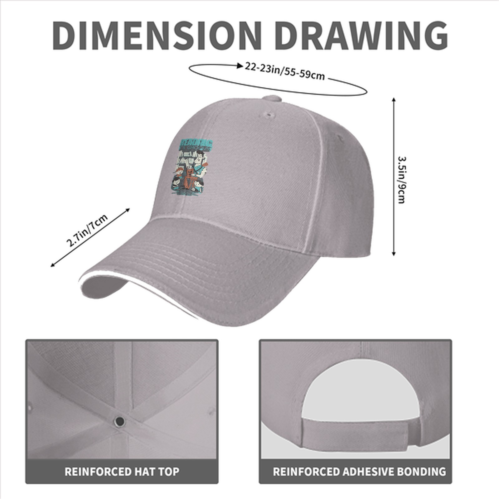 Black baseball cap with retro reading themed graphic print