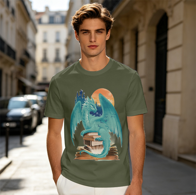 Teal Dragon Perched on Stacked Books Fantasy Graphic T-Shirt