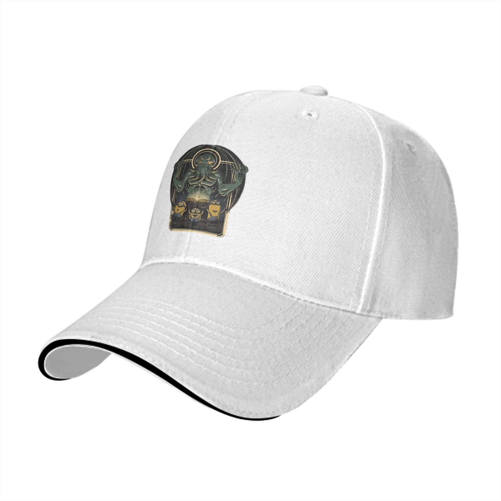 Black baseball cap with Cthulhu and minion graphic print