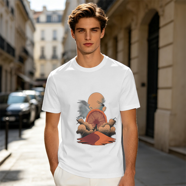 Olive T-Shirt with Surreal Desert Sunset Graphic Print