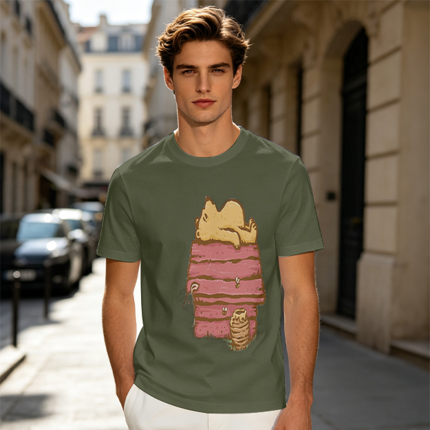 Olive T-Shirt with Bear Napping on Honey Pot Print