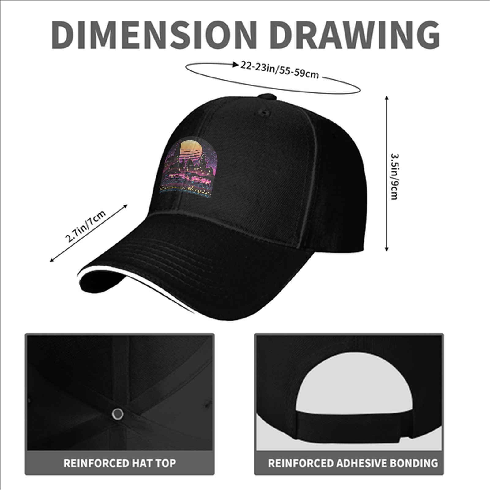 Black Baseball Cap With Neon Magic Castle Sunset Graphic