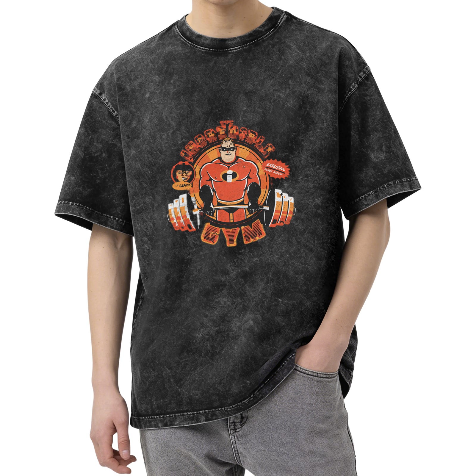 Washed black t-shirt with Incredibles gym weightlifting graphic