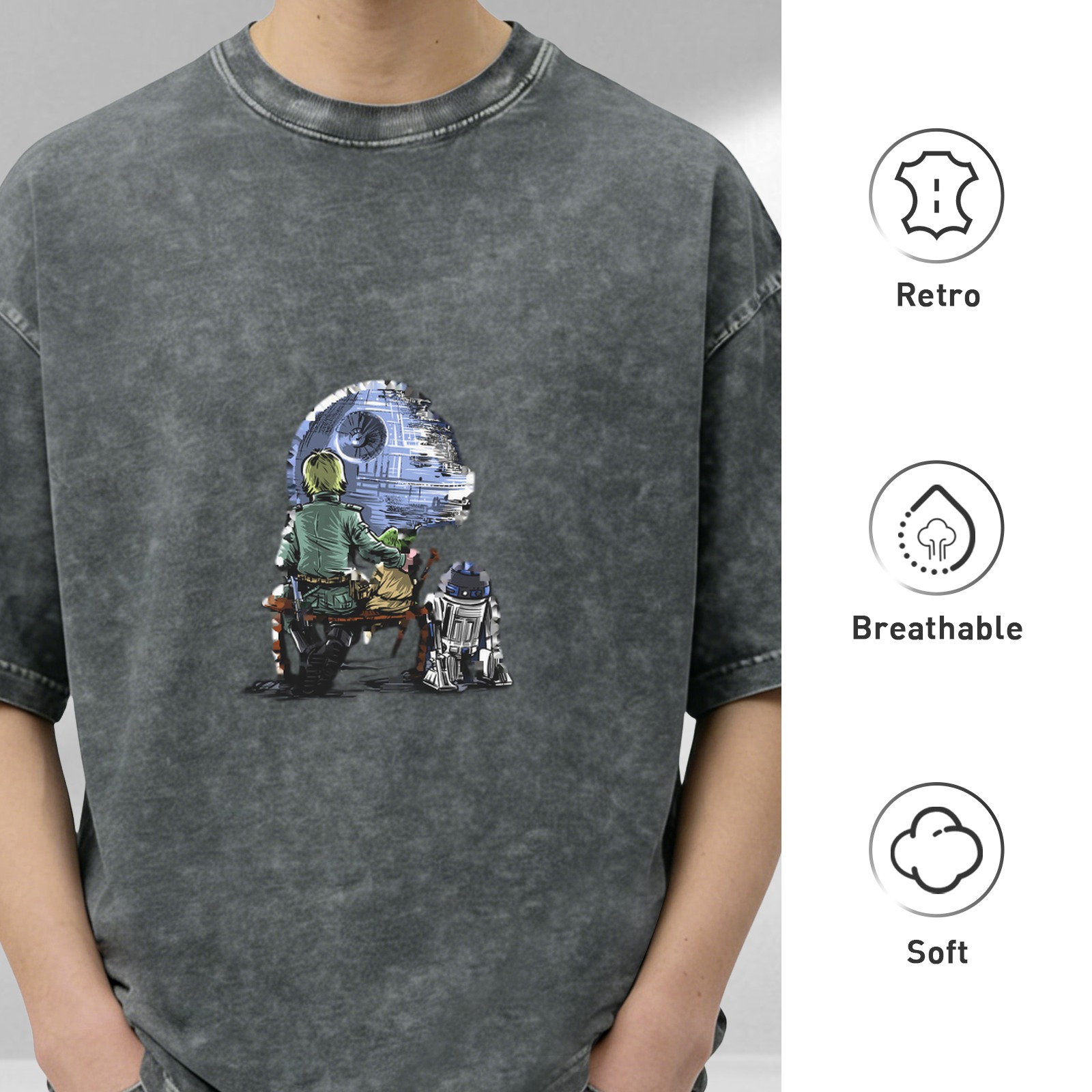 Star Wars themed acid-washed short-sleeve T-shirt with Death Star, Luke Skywalker and R2-D2 graphic print