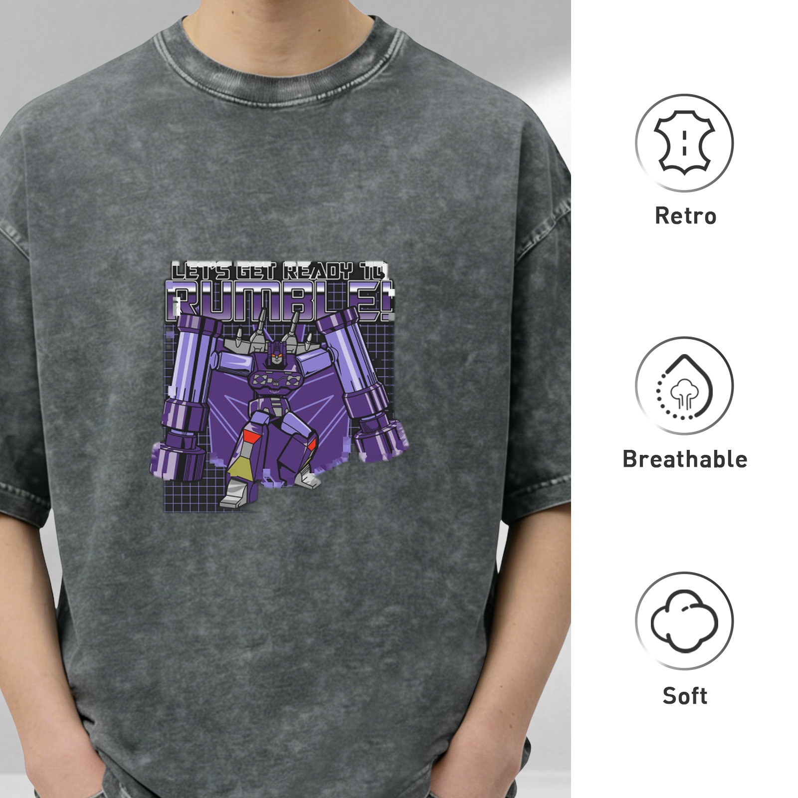 Oversized dark wash graphic t-shirt with Transformers Rumble design