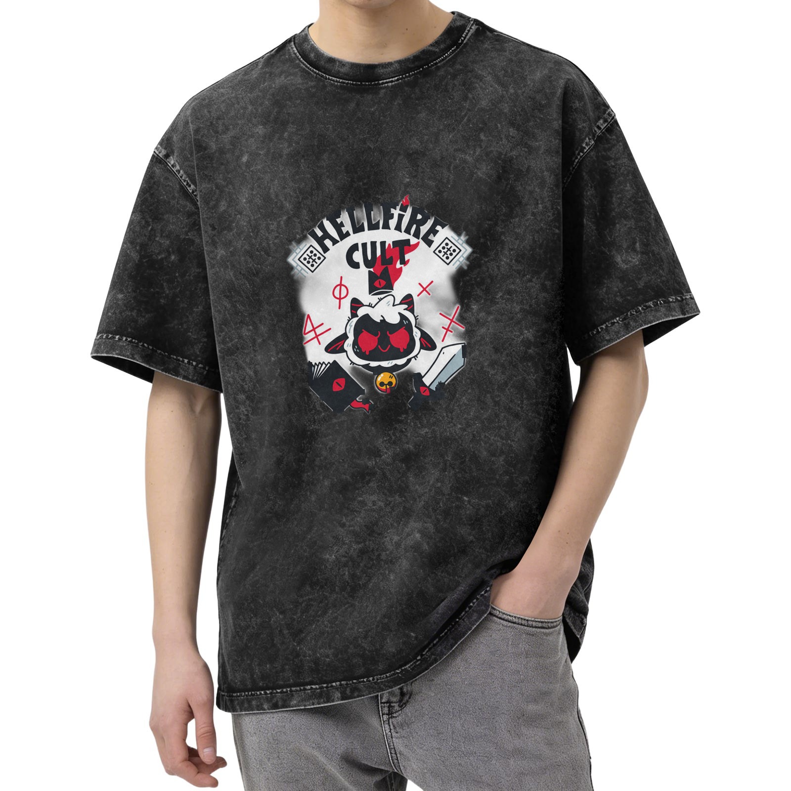 Distressed black HELLFIRE CULT cartoon lamb print loose short-sleeved T-shirt