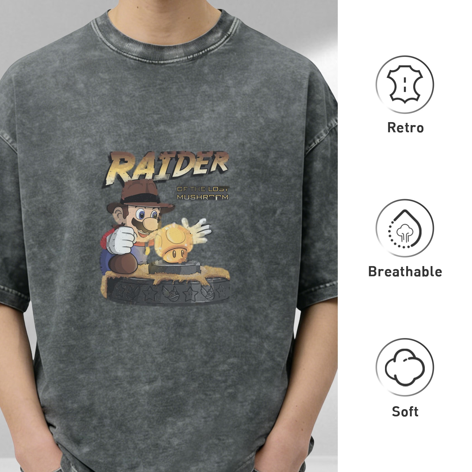 Vintage Washed Black Short Sleeve T-Shirt with 'Raider of the Lost Mushroom' Mario Graphic Print