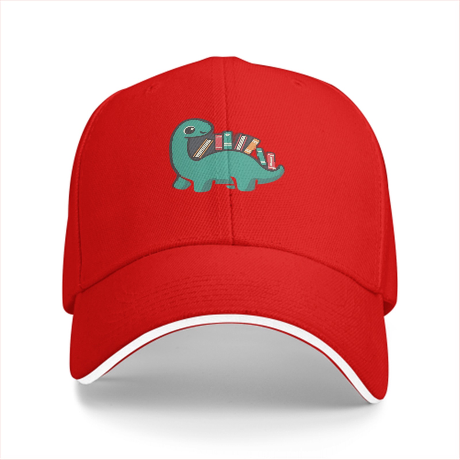 Black baseball cap with cute dinosaur carrying books graphic