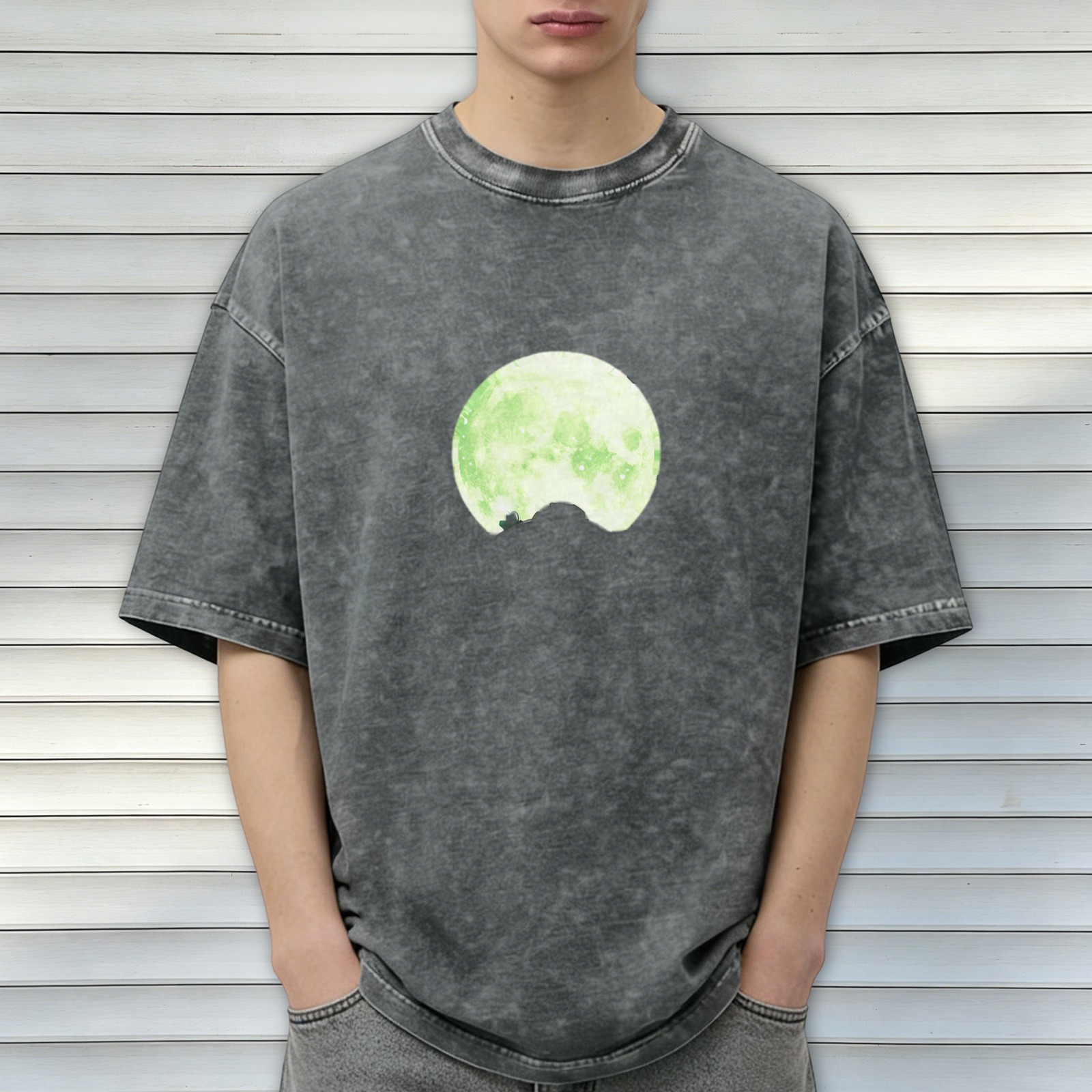 Oversized Acid Wash T-Shirt With Glowing Green Moon Print