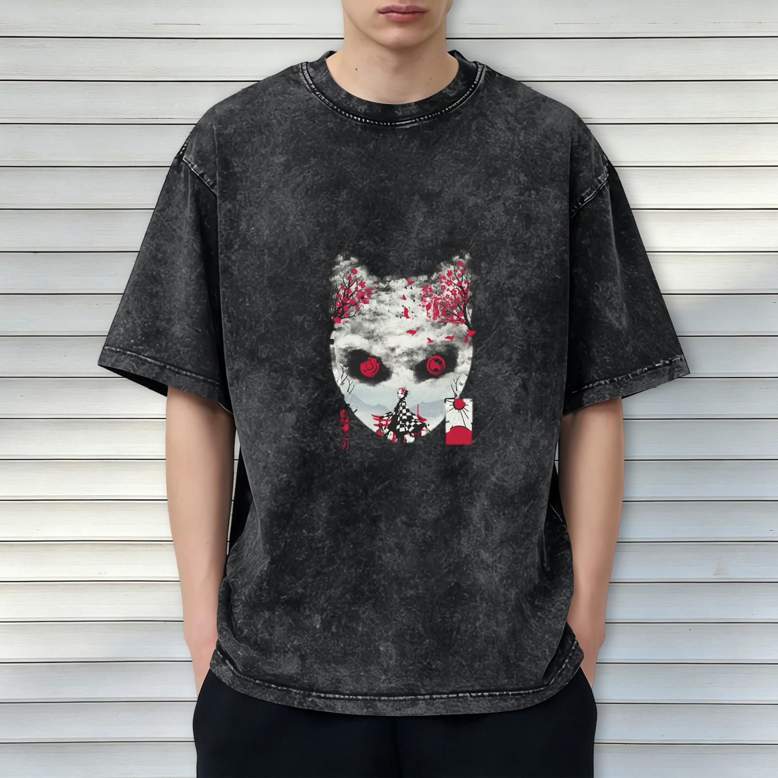 Oversized Vintage Wash Anime Graphic T-Shirt - Japanese Demon Mask & Cherry Blossom Design
