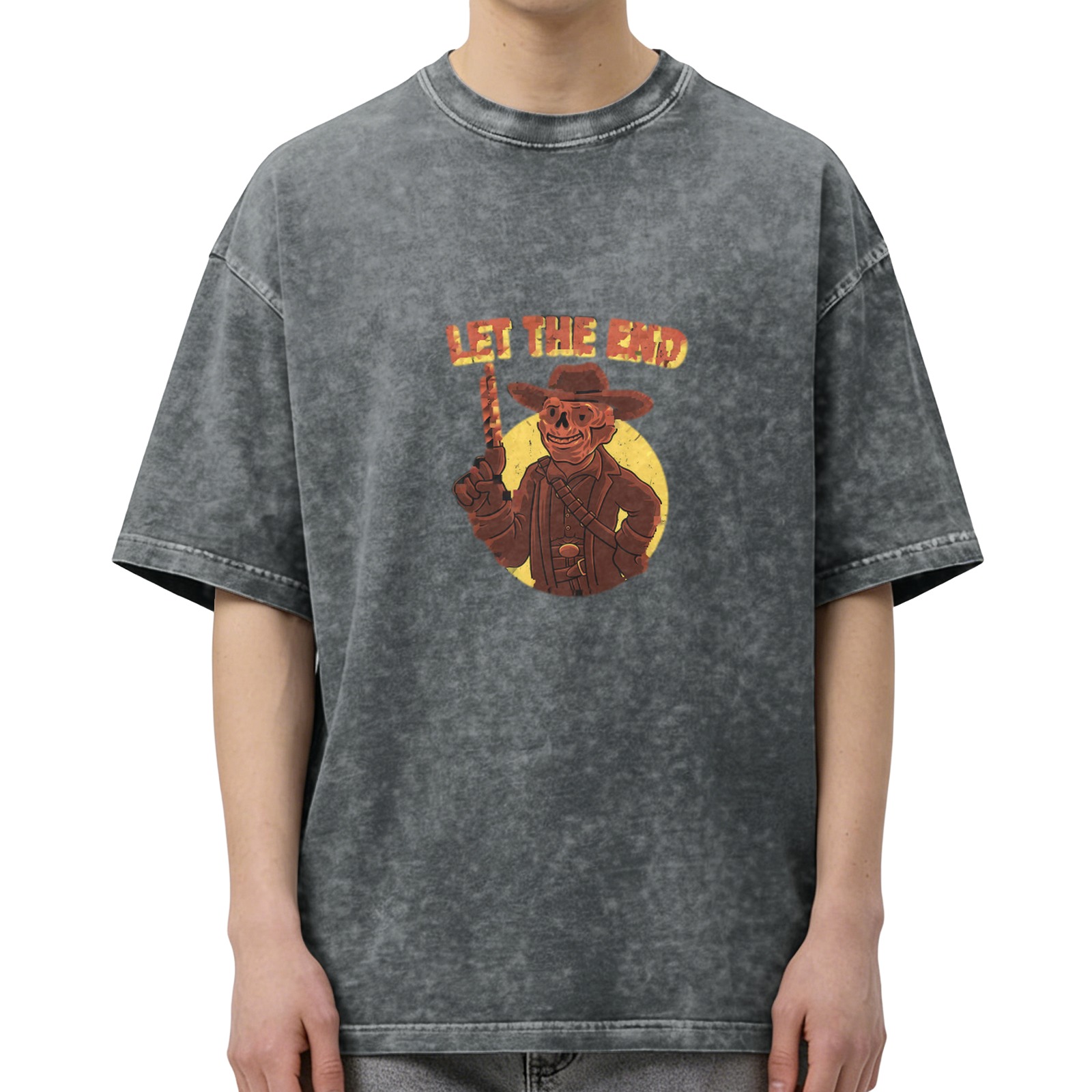 Washed Black T-Shirt With Skeleton Cowboy Graphic Print