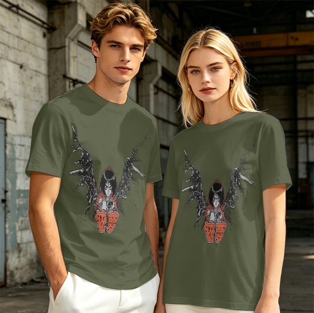 Olive T-shirt with Cybernetic Angel Graphic Print
