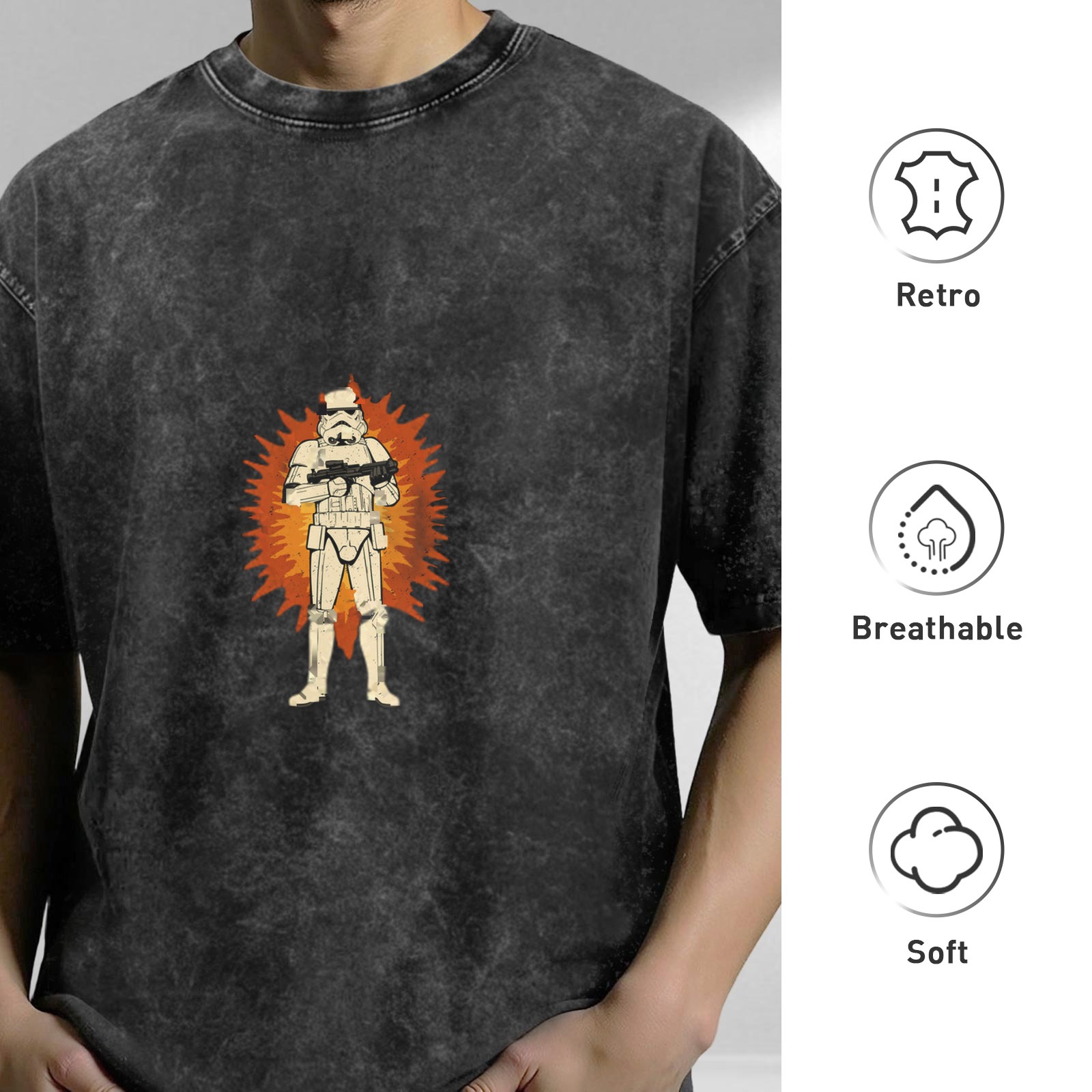 Washed Black Oversized T-Shirt with Star Wars Stormtrooper Graphic