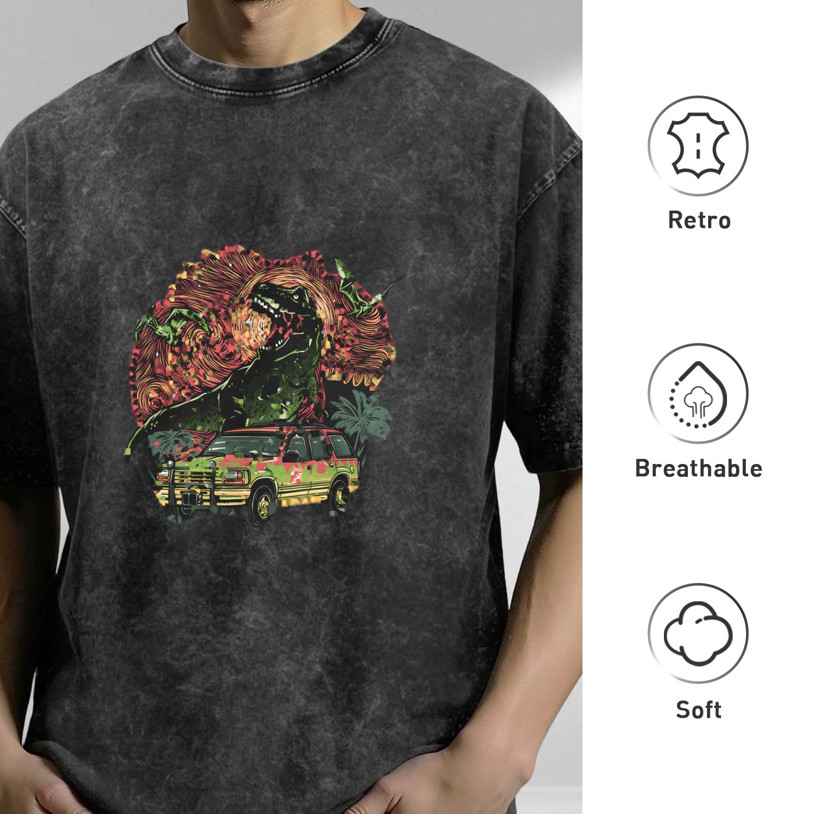 Washed Black T-Shirt with Dinosaur SUV Graphic Print