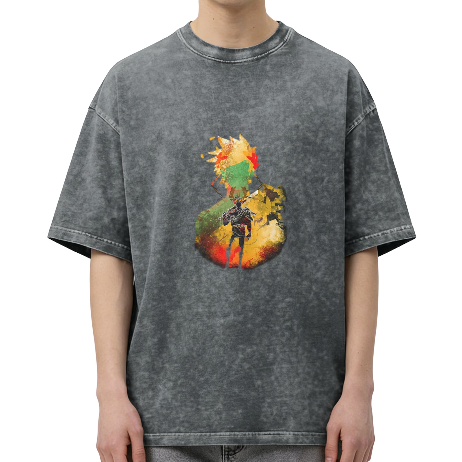 Oversized Acid Wash T-Shirt with Anime Warrior Graphic Print