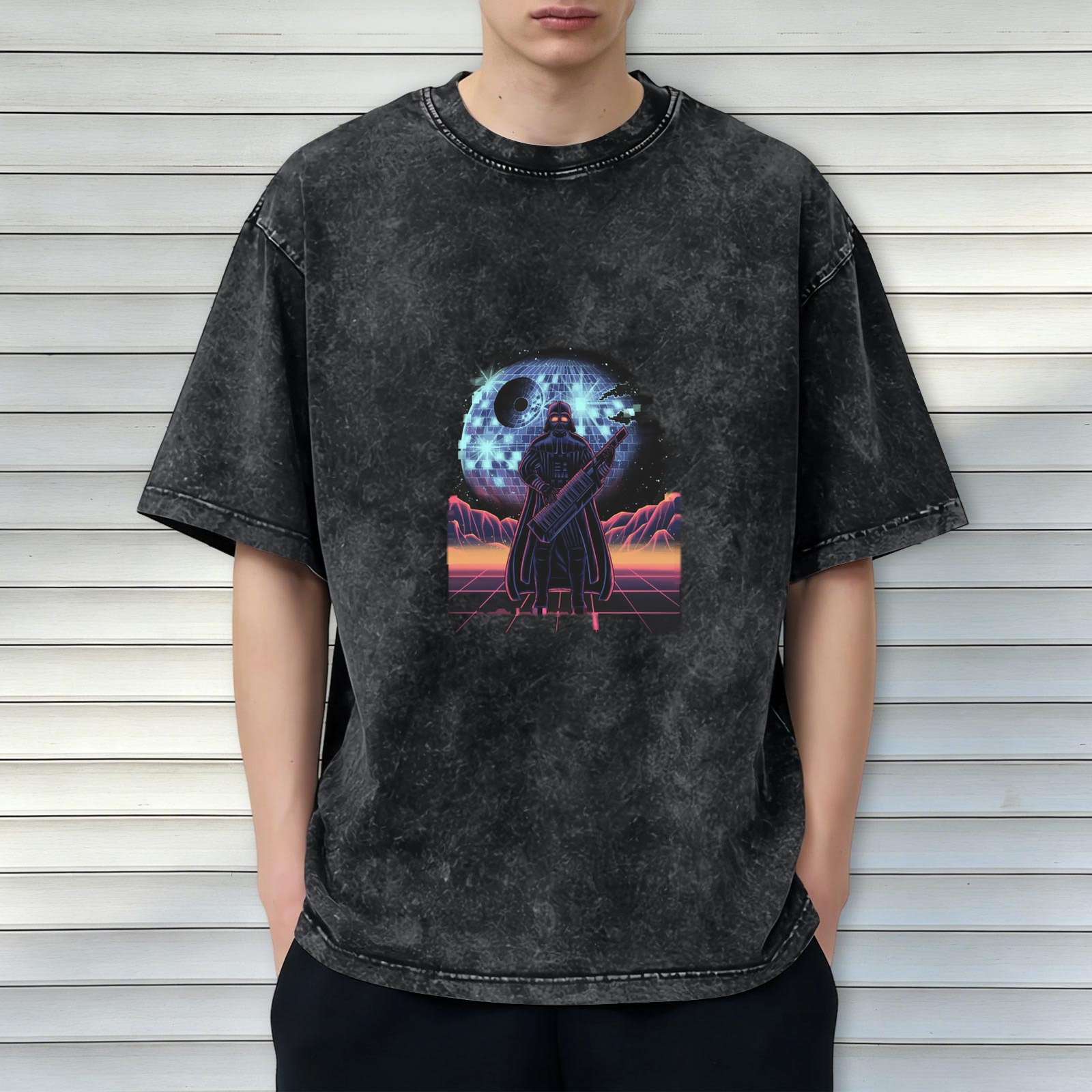 Retro Synthwave Darth Vader Disco Death Star Graphic T-Shirt
