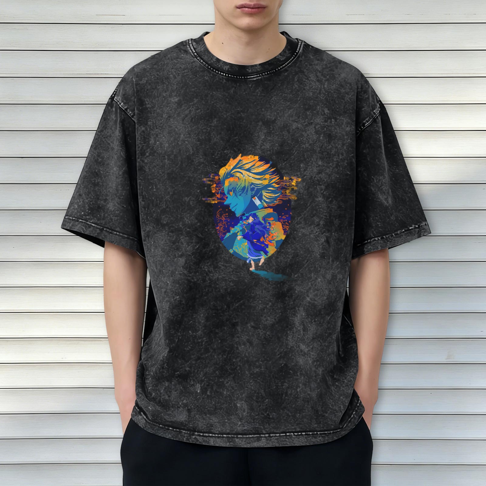 Oversized Acid-Wash Graphic T-Shirt with Anime Character Print