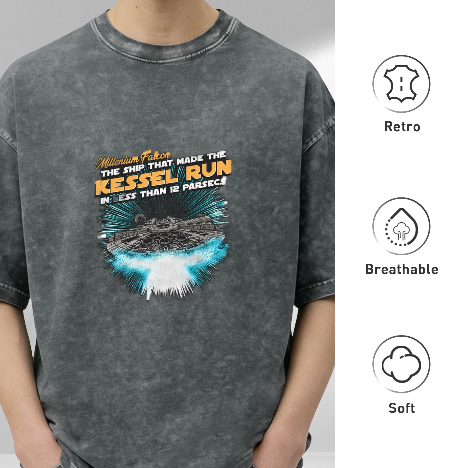 Star Wars Millennium Falcon Kessel Run Graphic Acid Wash T-Shirt
