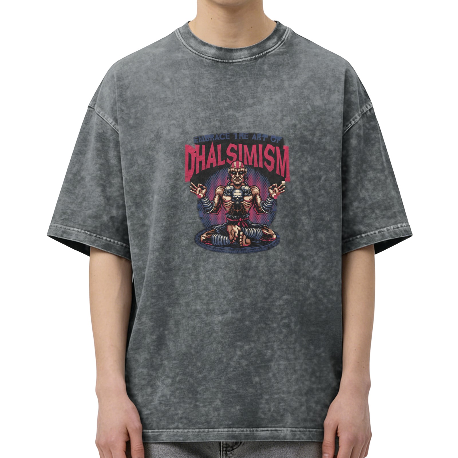 Vintage Dark Wash T-Shirt With Dhalsimism Graphic Design