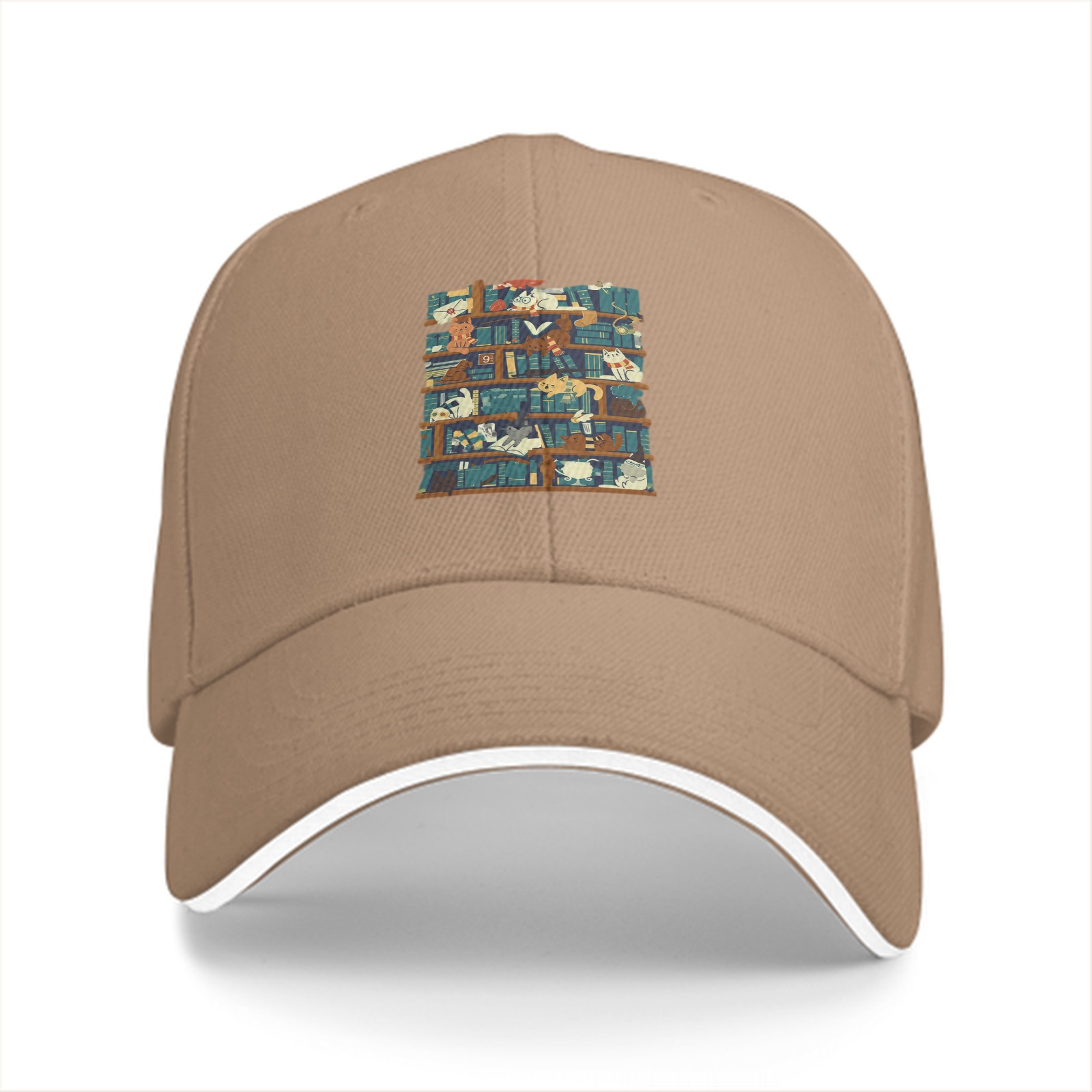 Black Baseball Cap With Playful Cats On Bookshelf Graphic