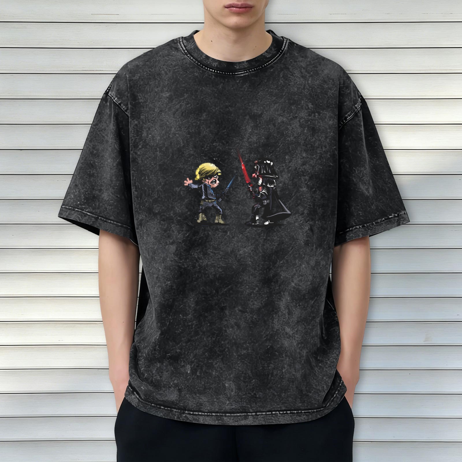Star Wars Luke Skywalker vs Darth Vader Cartoon Graphic Vintage Wash T-Shirt