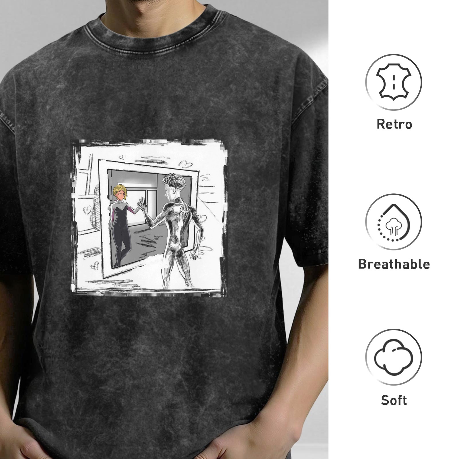 Oversized Stonewashed T-Shirt With Spider Gwen And Miles Art Print