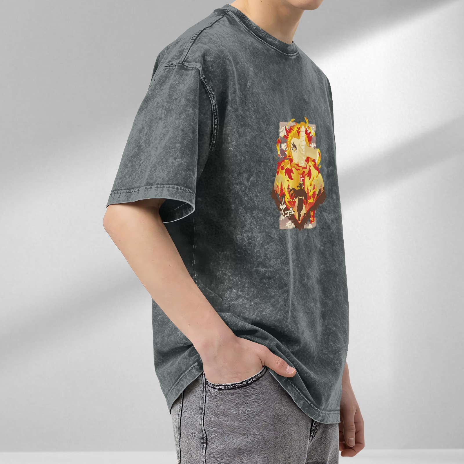 Demon Slayer Kyojuro Rengoku Flame Hashira Anime Graphic Oversized Vintage Wash T-Shirt