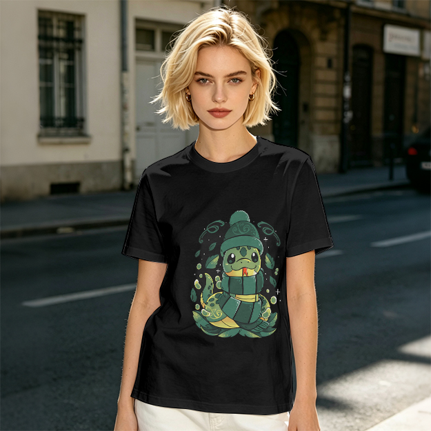 Olive Green T-Shirt With Cute Cartoon Snake Graphic