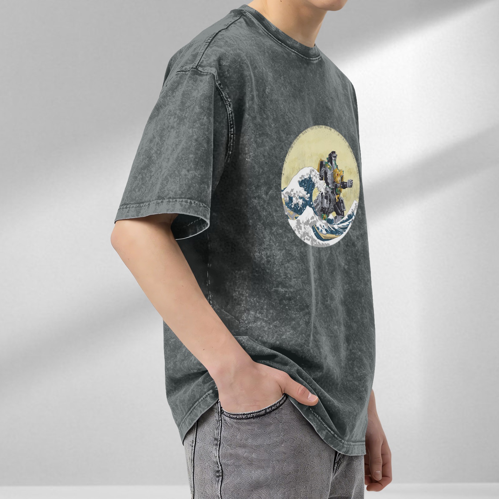 Oversized Acid Wash T-Shirt with Great Wave of Kanagawa x Mecha Robot Graphic Print