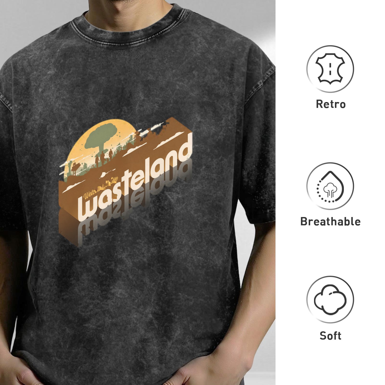 Oversized Acid Wash T-Shirt with Wasteland Graphic Print