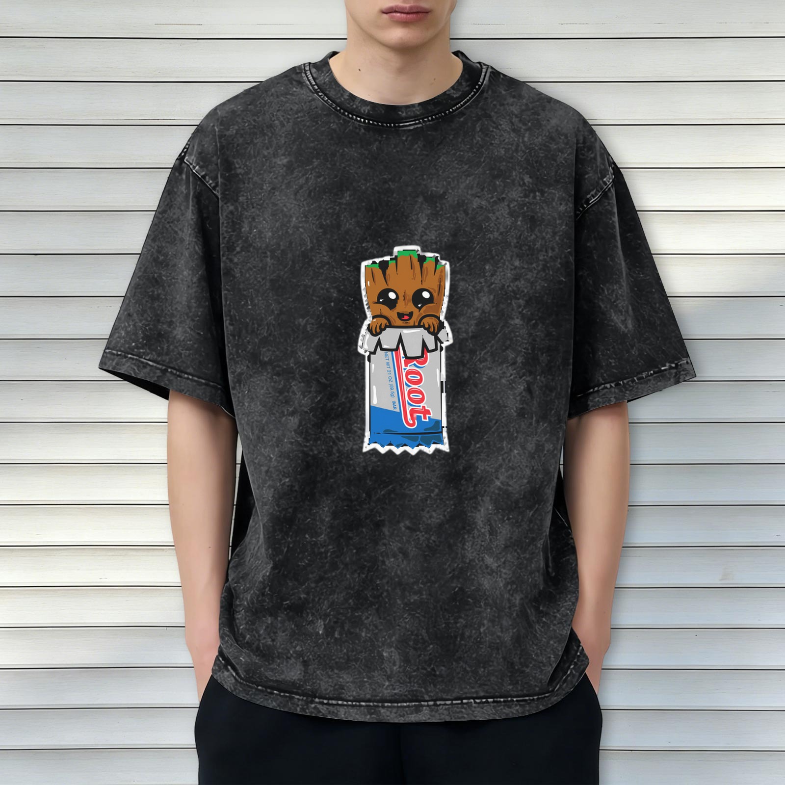 Washed black graphic t-shirt with cute Baby Root character print