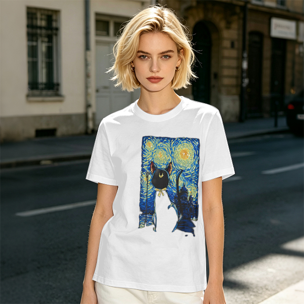 Olive T-Shirt with Starry Night Cat Art Print