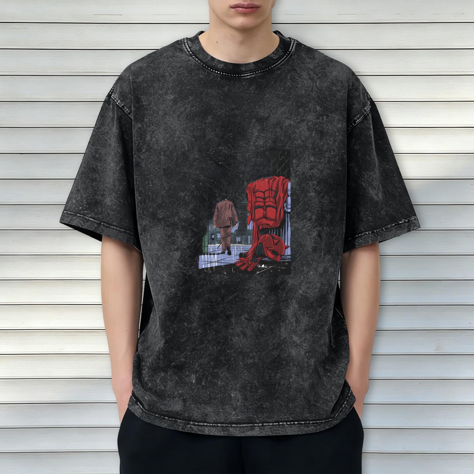 Washed Black Graphic Tee With Superhero And Figure Print