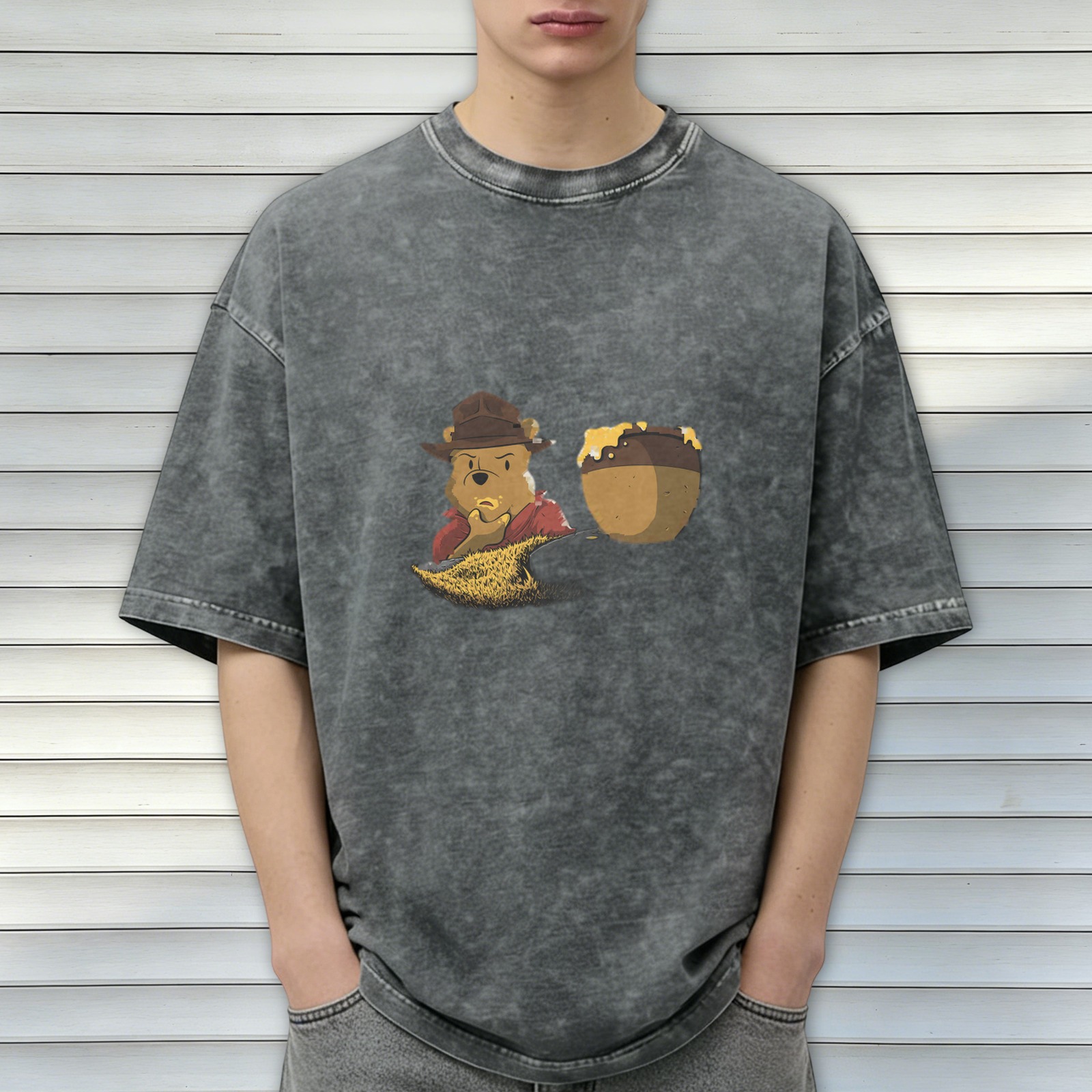 Winnie the Pooh Honey Pot Graphic Acid Wash Black T-Shirt