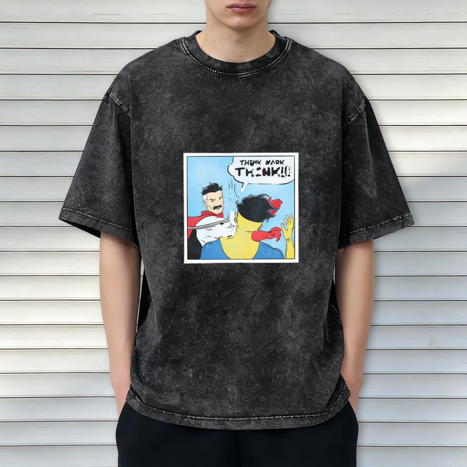 Oversized dark wash t-shirt with Invincible comic panel print