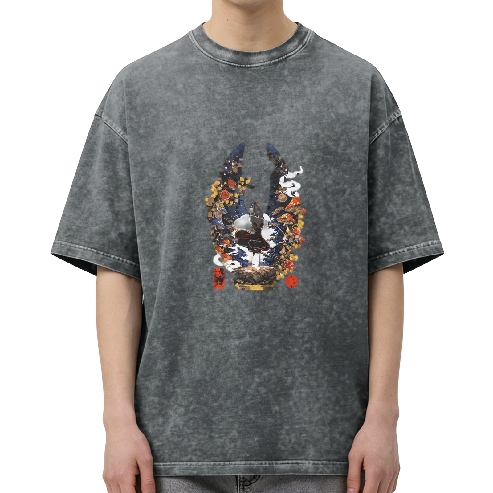 Washed black graphic t-shirt with fantasy mushroom and insect warrior design