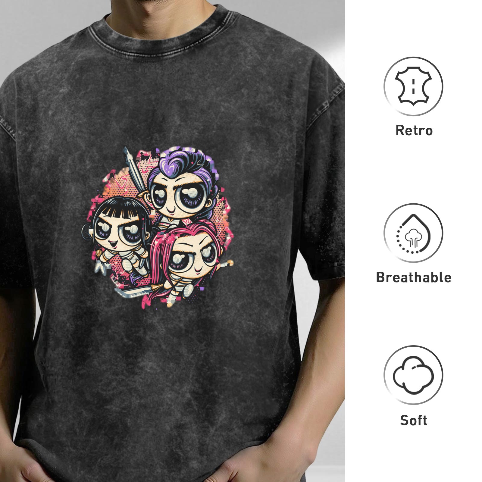 Distressed washed black cartoon print short-sleeved T-shirt