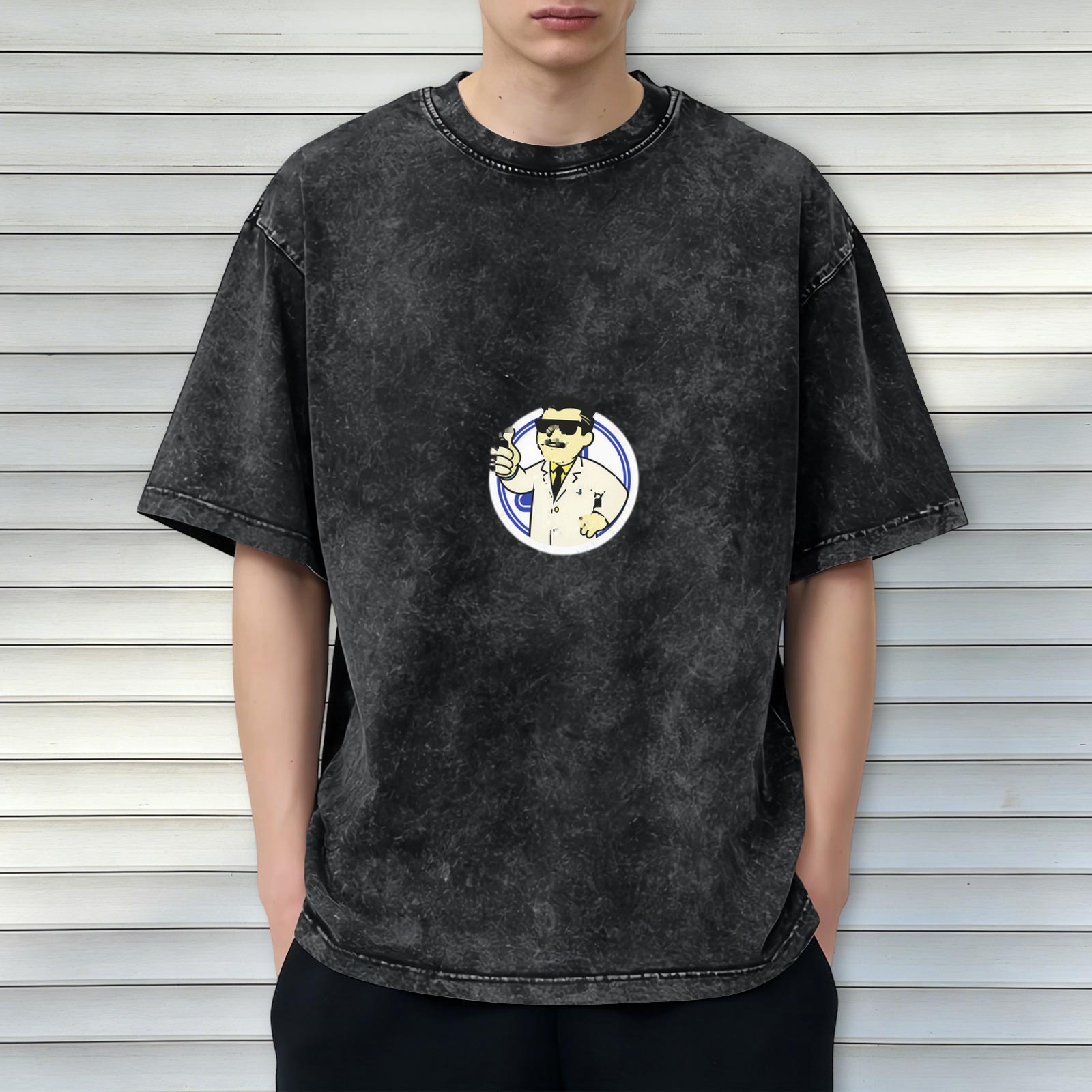 Oversized Acid Wash T-Shirt With Cartoon Scientist Print