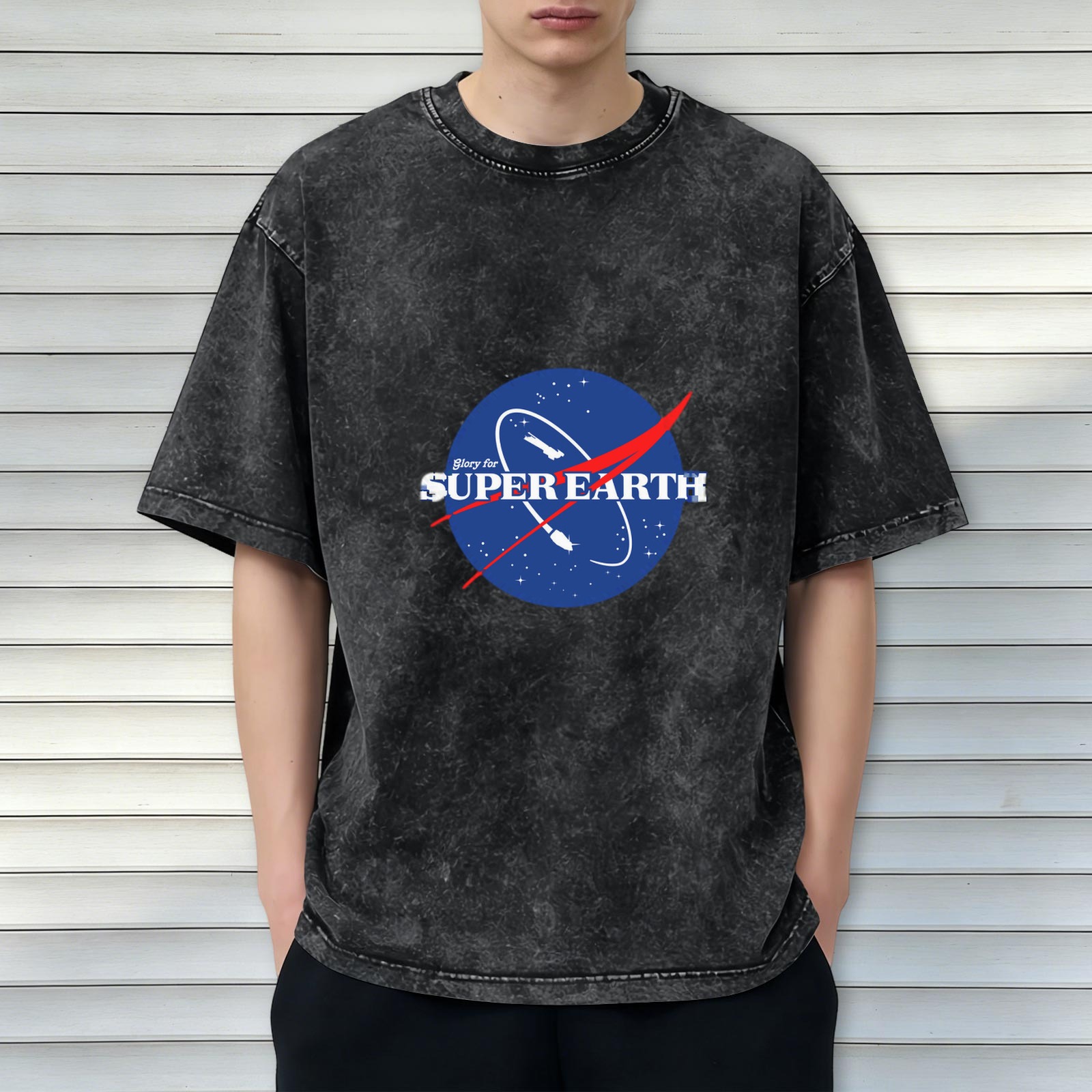 Oversized Stone Wash T-shirt with 'Glory for Super Earth' NASA-style Graphic Print
