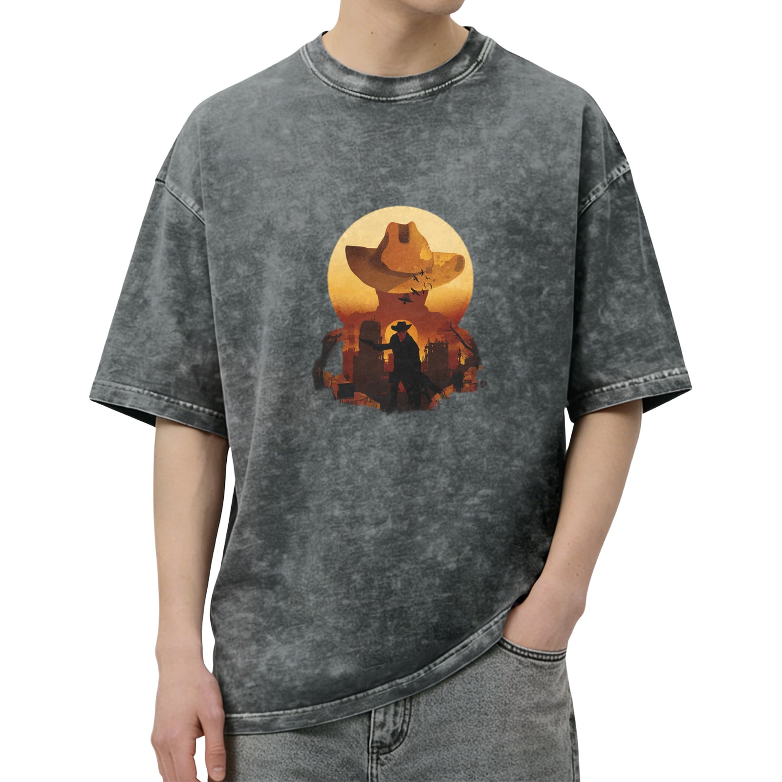 Washed Black Western Cowboy Graphic Short Sleeve T-Shirt