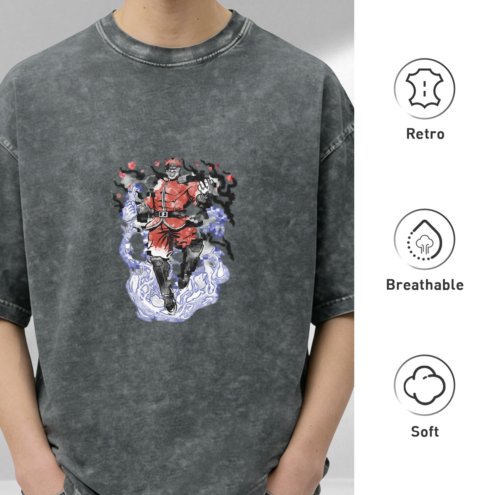 Oversized faded black t-shirt with anime villain graphic print
