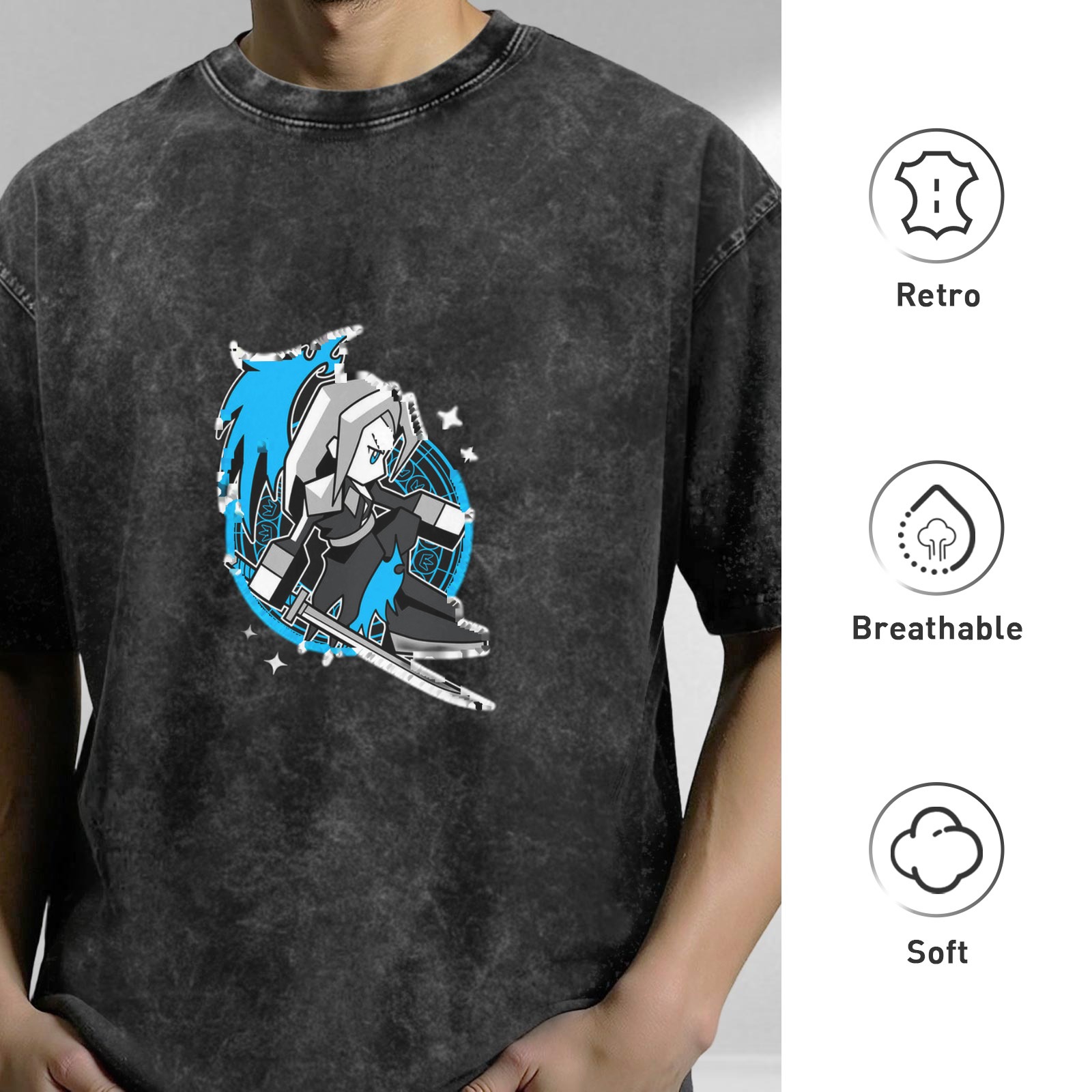 Oversized Dark Wash T-Shirt With Chibi Fantasy Villain Print