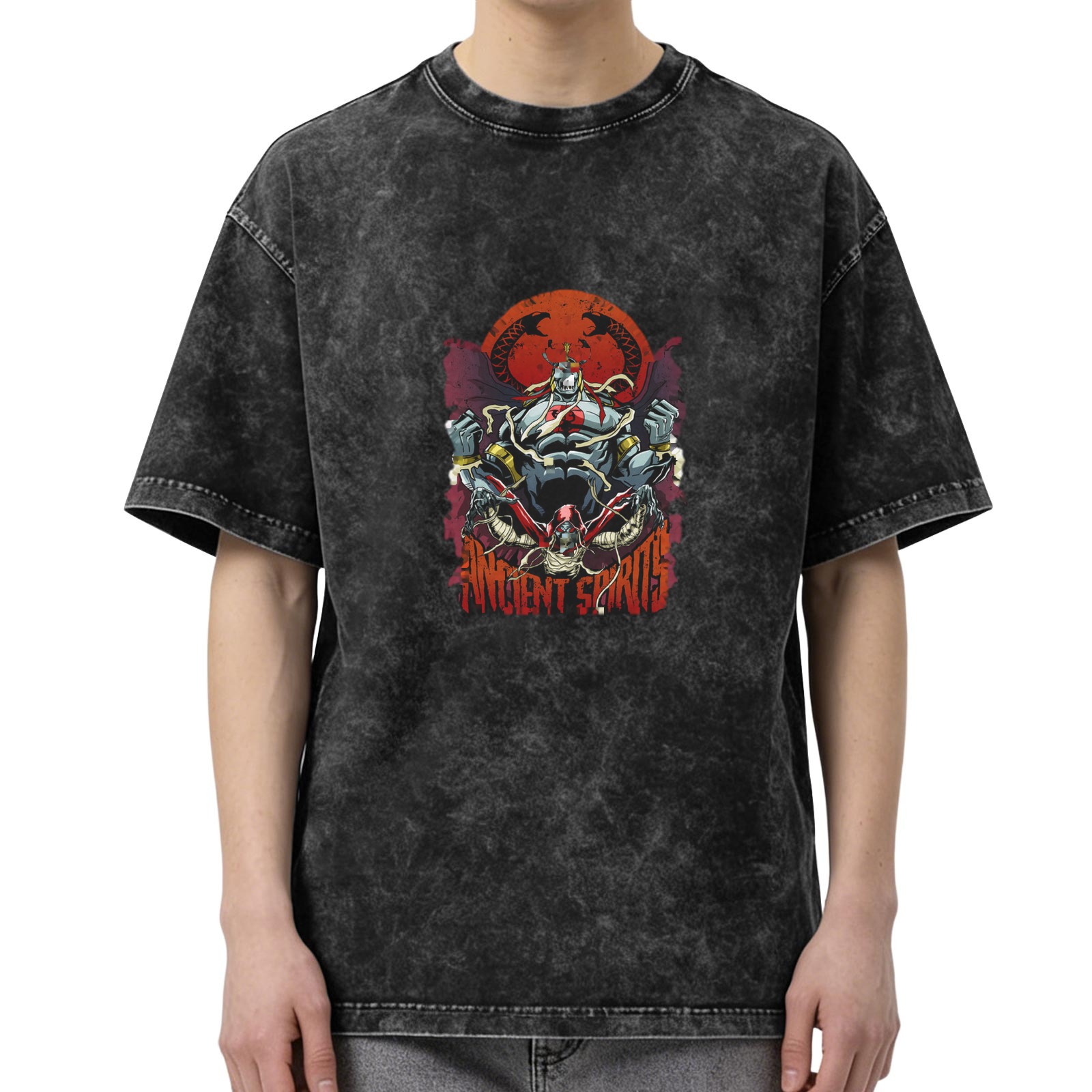 Washed Black Graphic T-Shirt with Ancient Spirits Monster Print