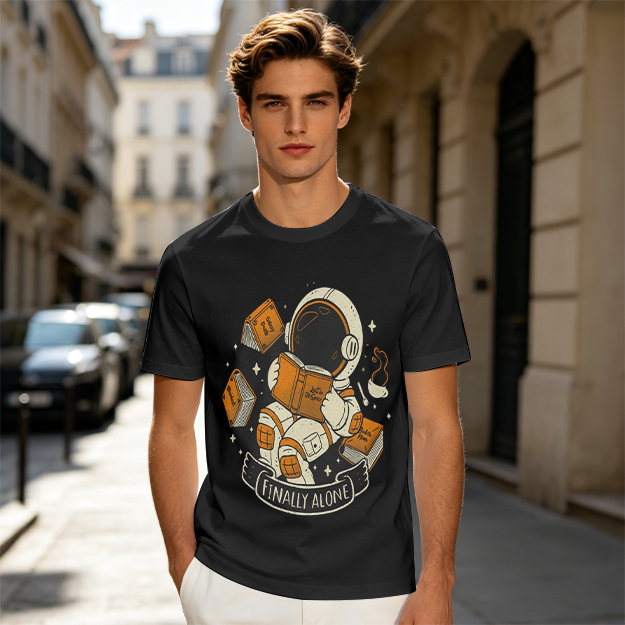 Astronaut Reading Book 'Finally Alone' Graphic T-Shirt Design